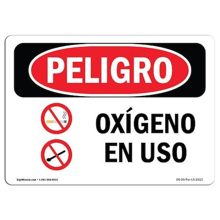 OSHA Danger Sign, Oxygen In Use Spanish, 24in X 18in Rigid Plastic